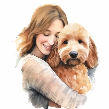 high detailed, Hand drawn watercolor clipart of a cute Goldendoodle hugged by a woman, on a white background