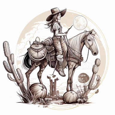 hand drawn clipart, country cowgirl with horse, rope, barrel. cactus, gun, mooon, stars, planets, cowboy hat, boots