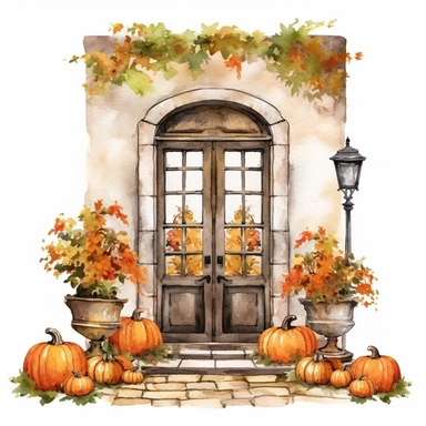 vector watercolor cute Fall Autumn vintage Autumn porch clipart on white background, fall, vintage holiday autumn porch, photorealistic, ultrarealistic, no background, on white