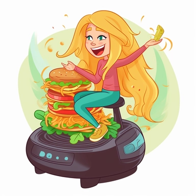 happy long haired blond woman riding a vegetable sandwich on air fryer. Colorful, Cartoon, Funny, Friendly, 2D, Clipart, Detailed, High Fidelity