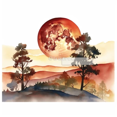 clipart style, watercolor scene of A captivating image showcasing the Lunar Eclipse in its final stages, with the moon emerging from Earth's shadow. The gradual illumination of the moon creates a sense of anticipation and wonder, while silhouettes of rolling hills or a serene lakeside add a touch of serenity to the scene, HD, on white background