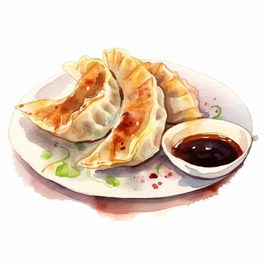 picturesque,bright luxury Japanese nutural food, Pan-fried gyoza dumplings with brown burnt marks, Japanese Gyoza have Juicy on the inside, a golden brown and slightly crispy base, for the restaurant menu, icon clipart on white background, watercolor, detailing in pastel colors, high quality, painted by Beatrix Potter, 8k,