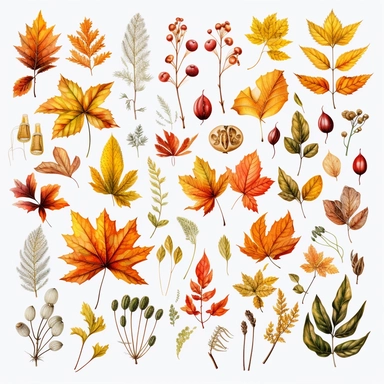 Creates clipart sets showing the vibrant colors of foliage, including different types of leaves, and wreaths, crisp, clean lines, super detailed high resolution white background,