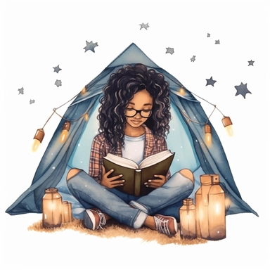 Watercolour Black teenage girl Reading Clipart, braids, forest library, surronded by fireflies, in sleeping bag, reading in a fort, Girl Studying Clipart, Book Lover , Student Clipart, Reading Png,Bookworm, hd, white background, spaced out, pastel colors, cartoon realism