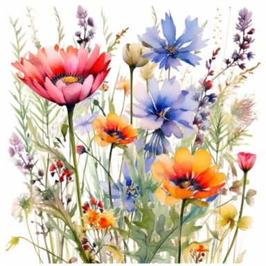 a close up perspective with a white background of high quality colorful wildflowers in a meadow watercolor clipart tile