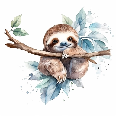 watercolor clipart, white background, charming cute and adorable perfect sloth hanging from a tree branch, perfect for stickers, perfect for print on demand