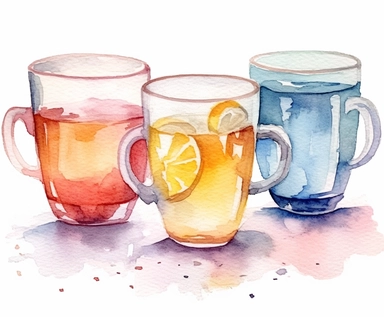 watercolor four Tea clipart, flat style, no volume, few details, washed out, minimalistic style, very lose details, very light colors, transparent colors, light airy hues and pastel tones, spaced out, white background, washed out colors and paint, hand-painted watercolor, watercolor paper with visible rough paper texture, a variety of watercolor brushes, do not cross workspace borders, rough watercolor paper texture on top