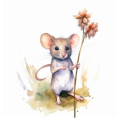Mouse holding Flower Clipart, watercolor, realistic, standing between grass, white background