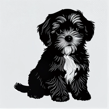 Havanese puppy, front view, black silhouette, portrait, simple outline, vector, logo design, clipart, isolated, no background, .75 gutter