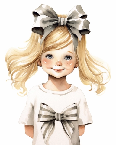 a happy cute little girl a five year old, bow on the head, blond hair, dress, gift in the hands, style by Lusy Fleming, folk art, watercolor, clipart elements, smooth gradients, black contour outline, ultra detailed, white background, super clear, high quality
