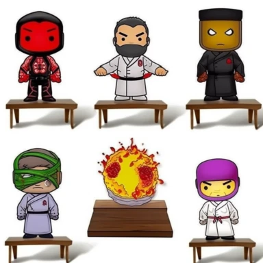 a set of black line clipart inspired by ramen and mutants and killer puppets and Funko Pop toys