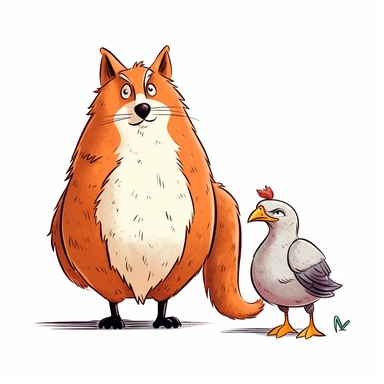 a fat Chicken and Fox friend, funny, very funny, clipart with crisp lines and white background
