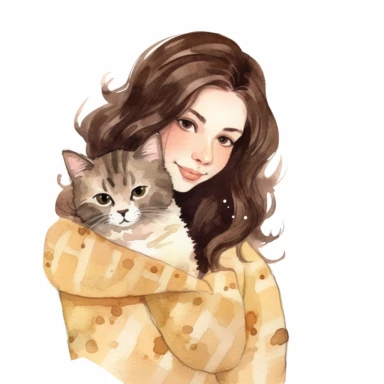 watercolour clipart of a woman with brown hair and brown eyes, make her smiling and exalted, holding ipad, the delicate and determined soul, has a deep affection for cats, black cat. She meticulously crafts digital designer papers and breathes life into digital journaling pages. Her finesse and devotion to her work are truly extraordinary. Her art is a testament to her unwavering pursuit of beauty and excellence, white background, 8k, f1