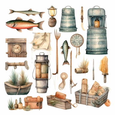 whimsical watercolour cute clip art fishing equipment