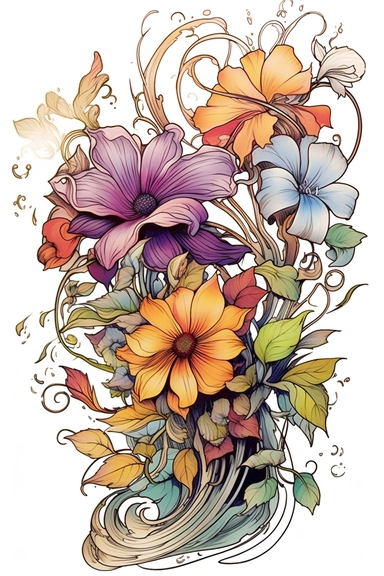line drawing clipart of flowers in black and white, coloured in