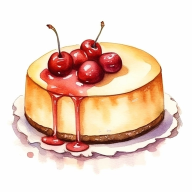 watercolor, hand drawn cheesecake in a bakery case clipart, hd, white background, spaced out--ar 3:2