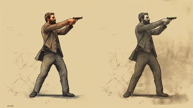 full body portrait sideview of a beared man with kufiya raising his pistol and opens fire in an old poor street +sideview +dark color tones+ vintage drawing style ,clipart drawing, clipart image, high definition drawing, clean colors, balanced colors, detailed drawing, image ratio 16:9 , aspects : high 1920 + width 1080