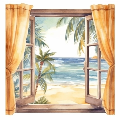 view from the window of a room on the sandy beach. the window is overlooking a tropical scene and palm trees. ultra-realistic and hyper-detailed watercolor clipart on a white background in the style of disney animation