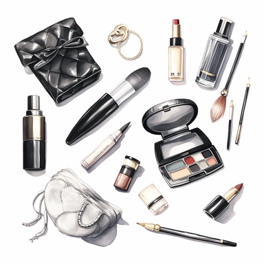 illustration clipart set of glamour fashion items, chanel, dior, shoes, purse, perfume, lipstick, white background, 32k, photosrealistic