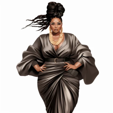 socialite black woman bods, plus size, long massive braids, full glam, fashion icon, talented and good vibes, dressy pant and couture frilly fliiw top, clipart, white background