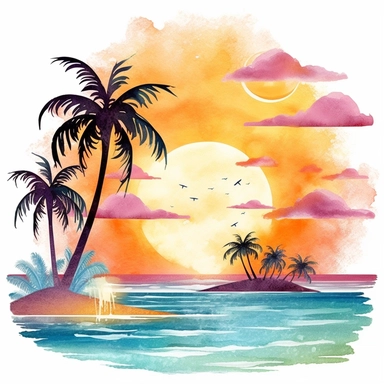 watercolor tropical sunsets clipart, digital graphics beach landscape
