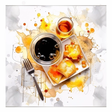 clip art black alcohol ink square frame with gold glitter a big breakfast on a white table, snack around, product showcase, messy kitchen , top view , cinematic, sharp focus, bokeh, 16k, HDR, HD, q 2