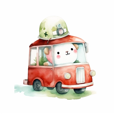 watercolor illustration of adorable cute Emergency vehicle kawaii, digital art, concept,art,8k,hd,kawaii,isolated,detailed,white backround, clipart
