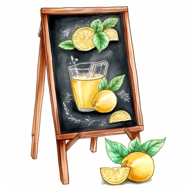 cute and vibrant clipart featuring pitcher lemonade in watercolor style, High Contrast, Blackboard, pastel art drawing on chalkboard with easel against white background