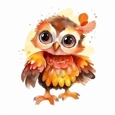 Cute oWL BABY, BEAUTIFUL big SHINING EYES ,HAPPY, dressed like flamenco dancer, Watercolor Little Animals Clipart, COLORFUL