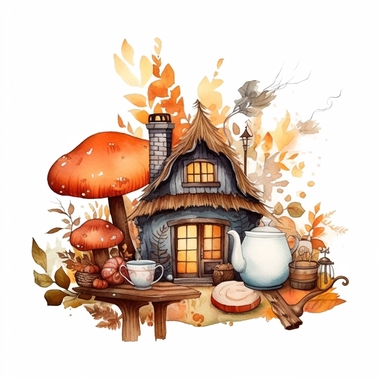 Create One clipart inspired by coffe: The clipart exudes a cozy ambiance, with a sense of warmth and tranquility. It invites viewers to imagine themselves wandering through this magical nature, discovering its secrets and encountering fantastical creatures.cozzy watercolor style. in 4K. so it can be used in fantasy books. beautifull coloring
