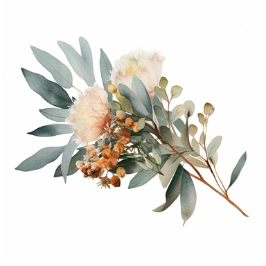 1 tiny boquet of eucalyptus with dried pompous flowers, ideal for wedding stationary, clipart