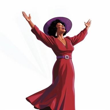 a black woman, dressed for church in a red dress and red church hat , hands up praising the lord, full body, detailed clipart