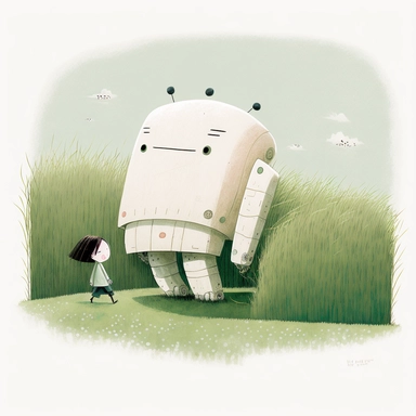 in the style of Ryo Takemasa, xuan loc xuan, Lisa Audit, Anastasia Suvorova, Jon Klassen, greg tocchini, helpful giant biomech robot plowing paddy rice fields, hard working, fantastic realism, fantasy and magical, white background, cute, cozy, vector, clipart, elaborate, ultra-detailed, best quality illustration, well composed, vibrant colors, high definition, UHD
