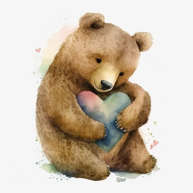 A heartwarming watercolor clipart of a bear hugging a heart, set against a white background. The loving gesture and the watercolor details add warmth and emotion to the clipart, making it suitable for Valentine's Day cards, love - themed designs, or anniversary decorations.