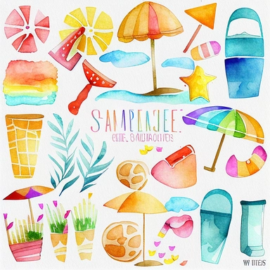 Please create a series of watercolor clipart illustrations featuring different items related to summer. Each illustration should be drawn in a charming and playful style that captures the beauty and vibrancy of the season. Items to include can be beach umbrellas, flip flops, sunglasses, ice cream cones, sandcastles, and seashells. Please use a coherent color palette that is bright, cheerful, and evokes the feeling of warmth and sunshine. Colors that are associated with summer, such as yellows, o