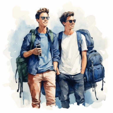 Travel Watercolor Clipart, two young men, best friends, 19 blue themed, single object, isolated on white background, highly detailed, hand painted watercolor illustration by Cath Kidston, Emma Bridgewater, png transparent background, white background for removing background - - no text shadow font watermark