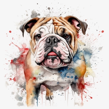 cute English Bulldog dog portrait, full face, centered shot, side shot, dynamically posed, in action, playful mood, happy mood, playing mood, cute face, adorable smile, childlike eyes, clean watercolor illustration, white background, nursery baby imagery, painting, detailed, 8k, PNG, clipart,