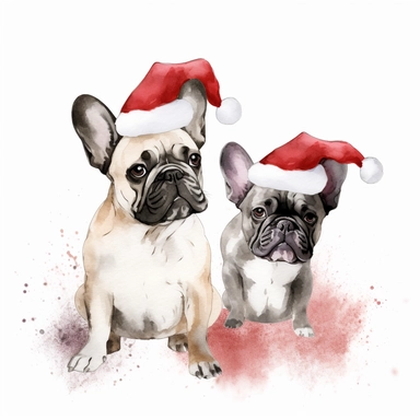 small clipart about french bulldogs celebrating christmas watercolour style