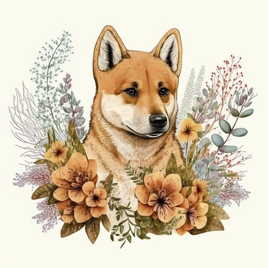 cute dingo, flowers, clipart, very detailed, white background