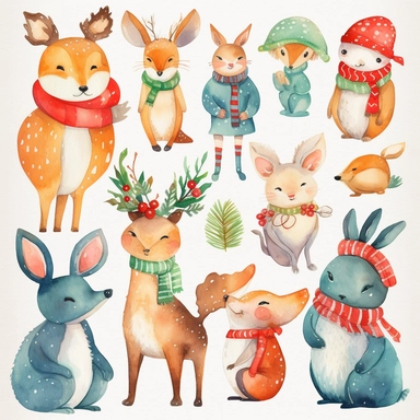 Create a set of watercolor clipart images with a whimsical Christmas theme. Include elements such as cute animals in festive costumes, playful elves, and magical Christmas scenes. The images should have a playful, lighthearted feel with clear lines and bright, cheerful colors. The clipart should be perfect for use in children's holiday crafts and other whimsical projects.