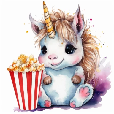 Cute baby unicorn enjoying movie night with popcorn watercolor Clipart