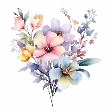 watercolor spring flower group for corner of invitation, clipart isolated on clear white background, soft colors, boho, lithograph, 32k uhd, textural
