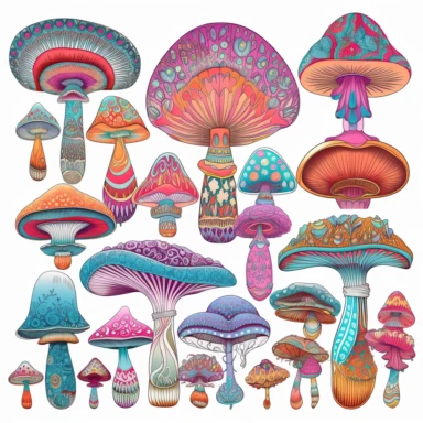 clipart set of mushrooms, designed by kaffe fassett, Master of the Embroidery, behance winner high detail, psychedelic, isolated on a white background