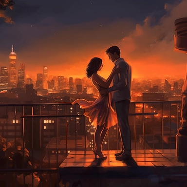 illustration, muted color, high angle view, couple dancing on rooftop of a tall building with a brilliant night city view, orange night view, vintage illustration with detail, bright mood and color, beautiful light, Concept art, Artstation, hyper detailed, only background, no text, exquisite detail by CLIP STUDIO PAINT, Greg Rutkowski, Cinematic lighting