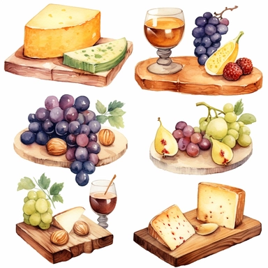 Watercolor cheese platter with wallnuts and grapes and raisins and figs nicely placed along with cheese on a very large wooden flat plate or cutting board, illustrations clipart set, simple, soft colors, cartoon elements, different variants, cheese from around the world, wooden elements, separate elements with a margin