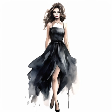 Watercolor girl wearing black elegant party dress drawing, illustration clipart, high detailed, white background, digital art