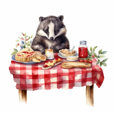 clipart set of woodland badger sitting at a picnic table with red gingham table cloth, on the table there is fruit and cake, party triangle bunton, whimsical watercolor painting, separated with white margins between each item, isolated on white background