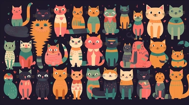 cats vector clipart vector cats cute animal collection, in the style of #screenshotsaturday, flat areas of color, flat color blocks, 1970–present, rough-edged 2d animation, lightbox, colorful animation stills