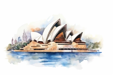 Watercolor, Sydney Opera House, clipart, hd, on a white background, spaced out
