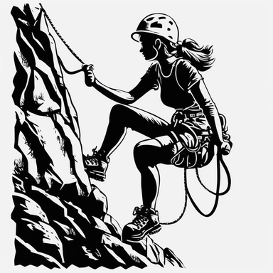 low detail clipart, rock climbing , black and white , women, simple, helmet